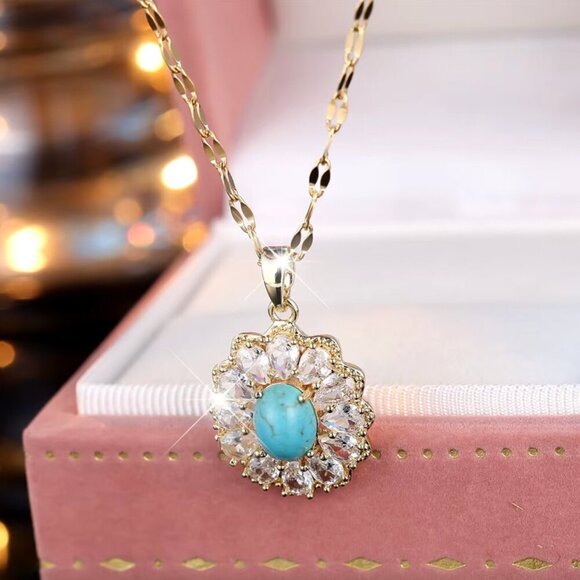 NEW 14k Gold Turquoise Blue Flower Diamond Necklace - Picture 3 of 5
